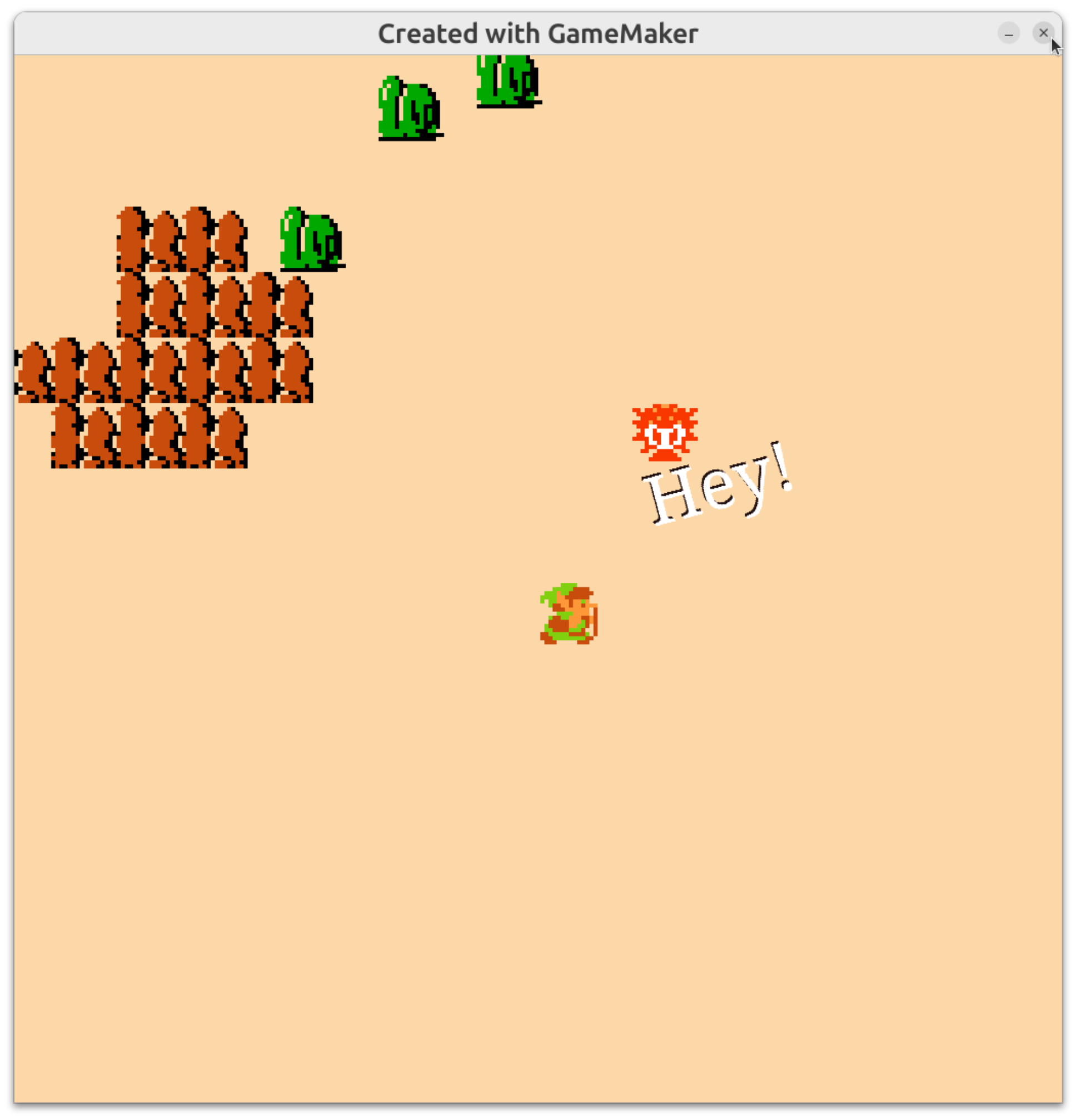 Red creature saying Hey! to a boy in green